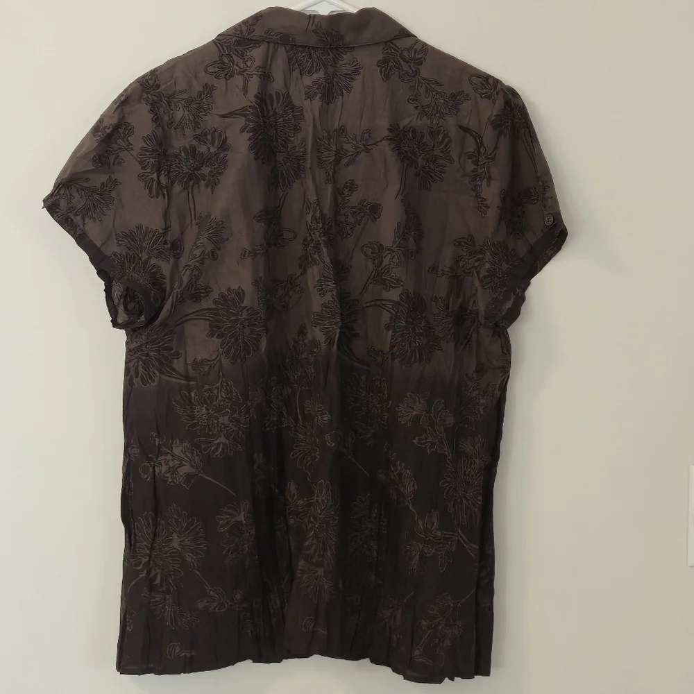 Denver Hayes XL Brown Ombre Floral Cotton Short Sleeve Blouse Tropical Boho - Picture 13 of 15
